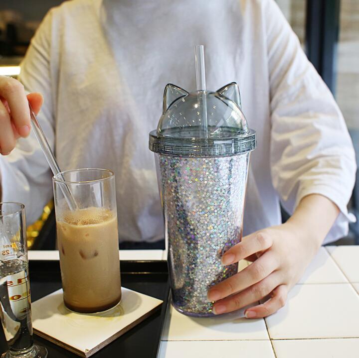 Cat Ear Glitter Water Bottle with Straw for Kids & Teens