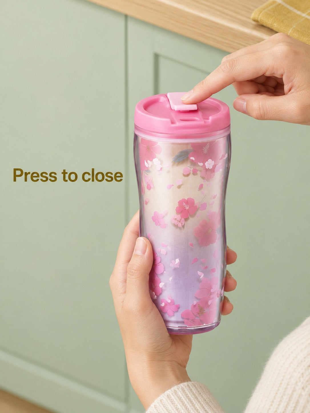 Plastic Coffee Cup with Cherry Blossom Print for Office