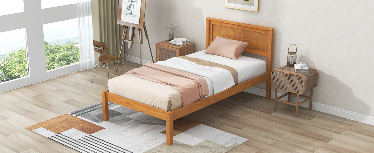 Oak Platform Bed Frame with Headboard, Twin Size