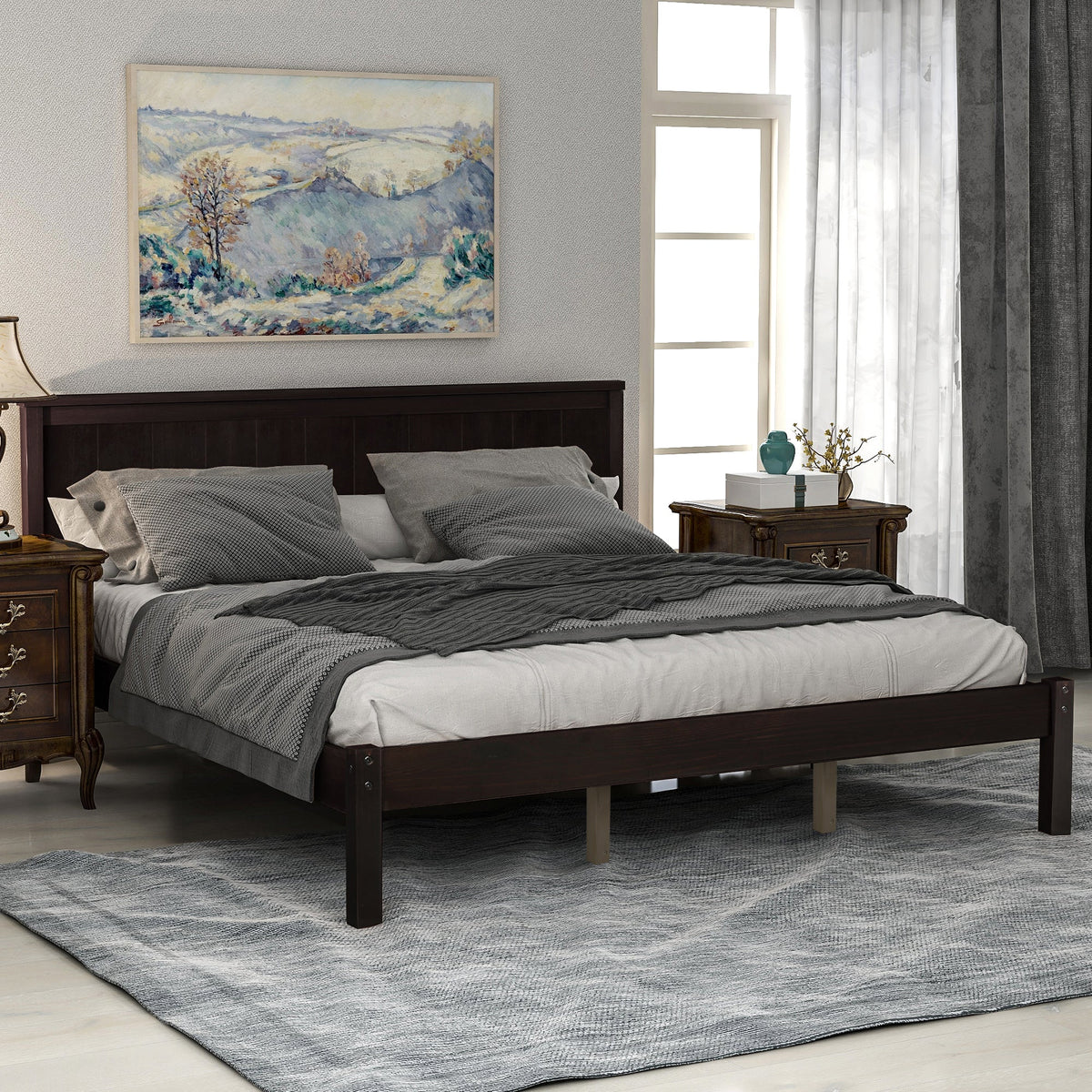 Queen Platform Bed Frame with Wood Slats, No Box Spring