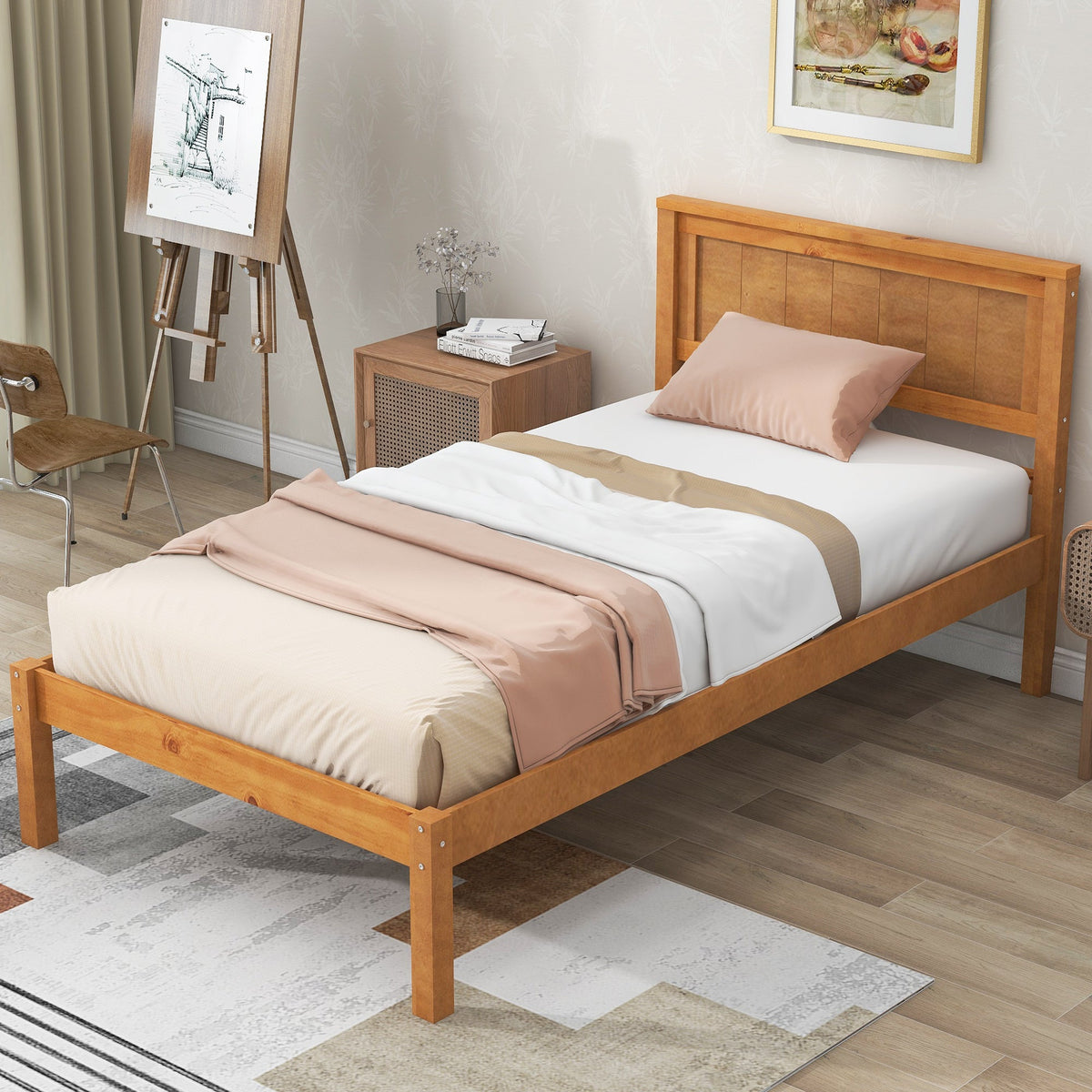 Oak Platform Bed Frame with Headboard, Twin Size