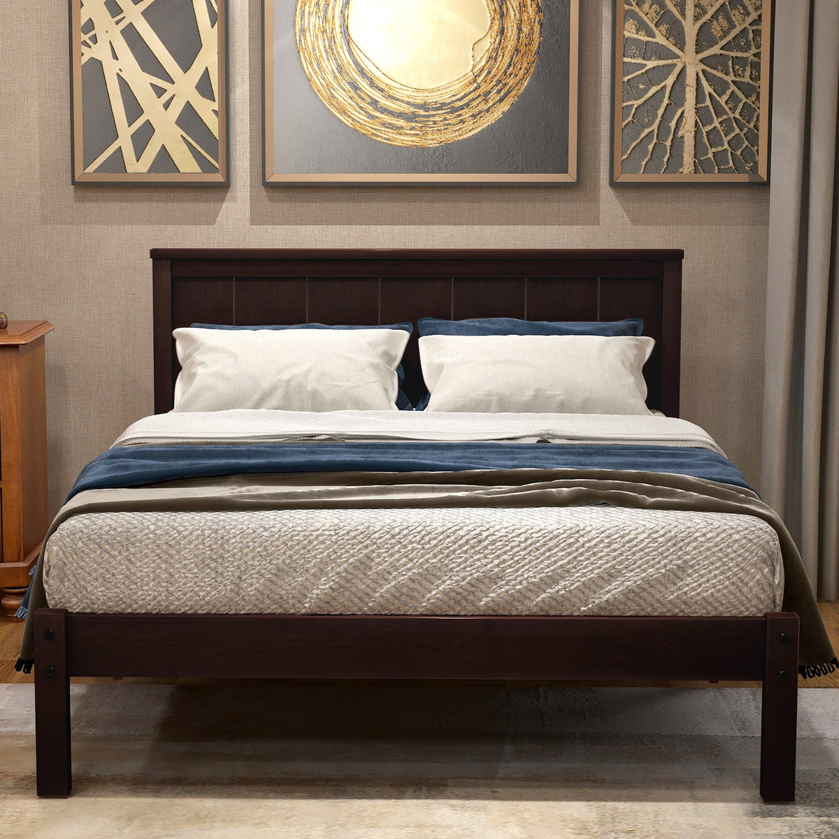 Espresso Twin Platform Bed Frame with Headboard & Slats
