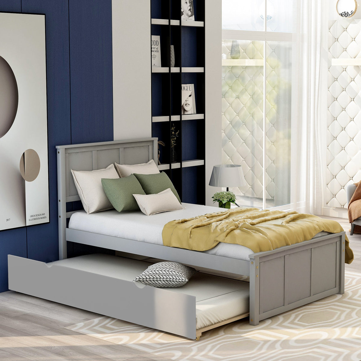 Gray Twin Platform Bed Frame with Pull-Out Trundle Bed