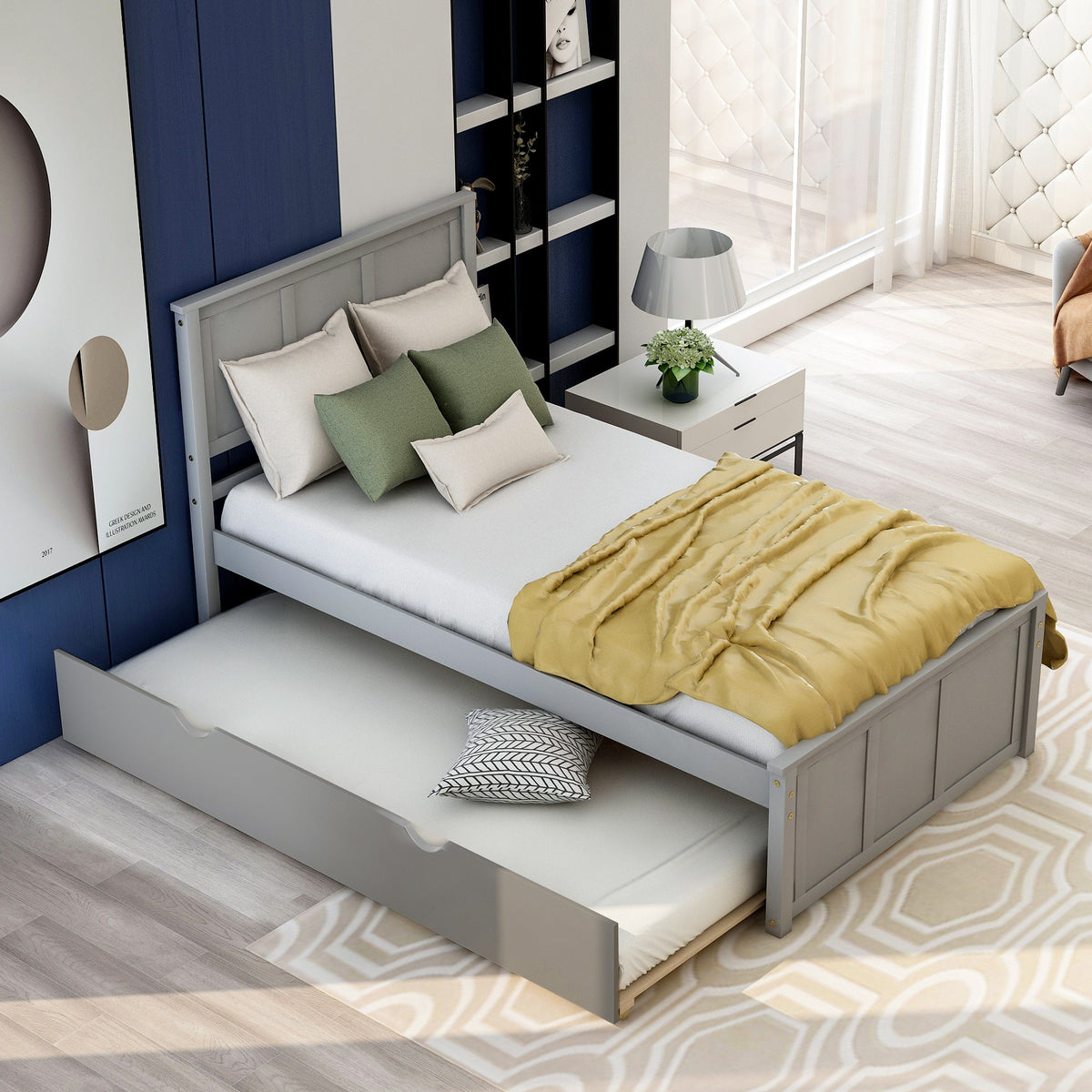 Gray Twin Platform Bed Frame with Pull-Out Trundle Bed