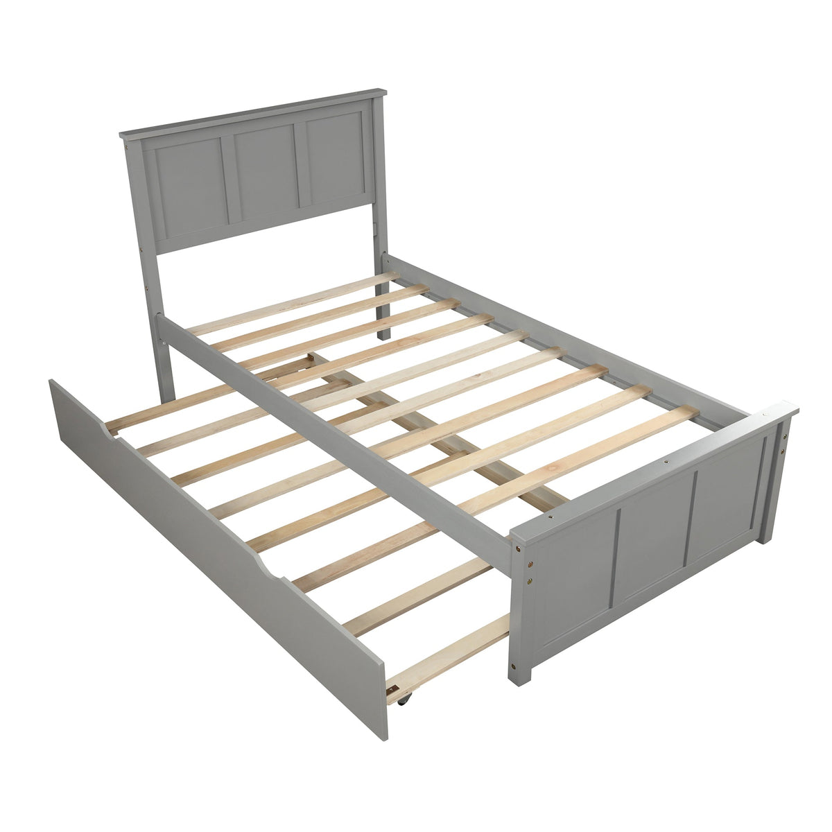 Gray Twin Platform Bed Frame with Pull-Out Trundle Bed