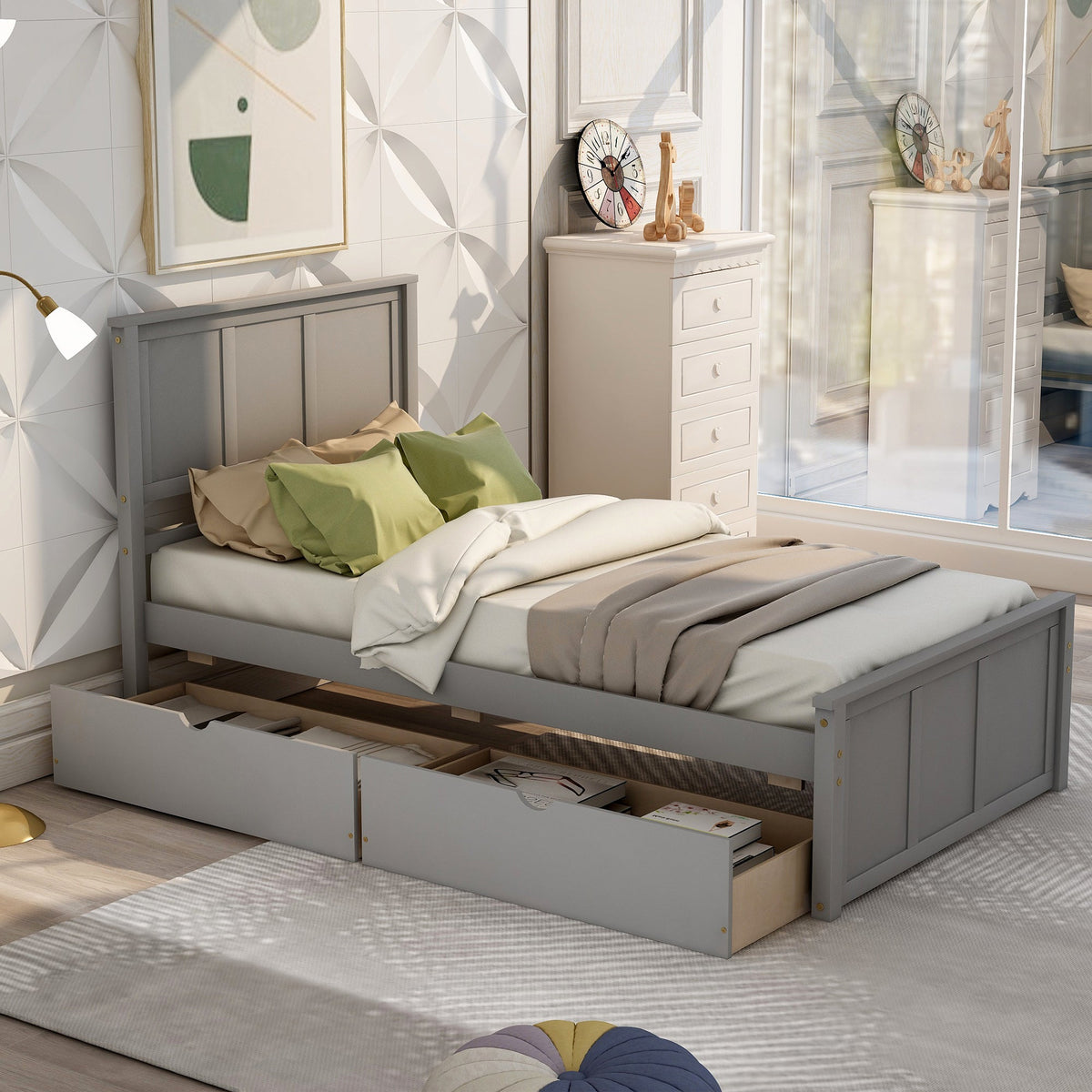 Twin Platform Bed Frame with Rolling Storage Drawers