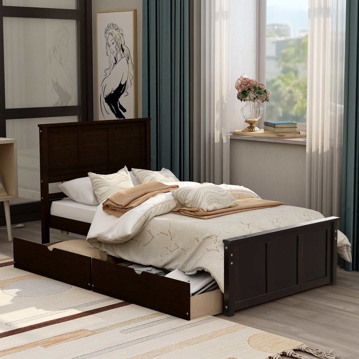 Twin Platform Bed with Rolling Storage Drawers, Espresso