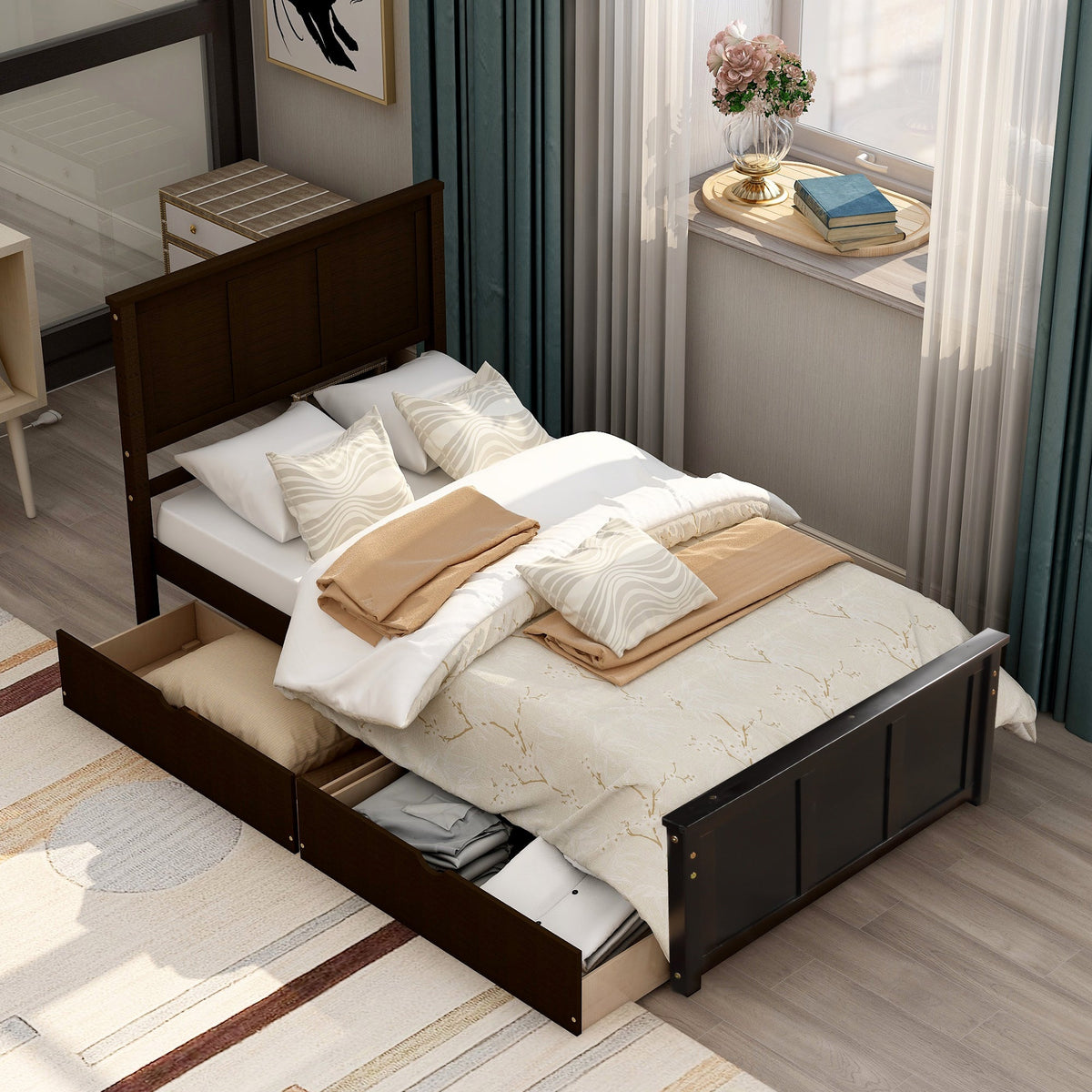 Twin Platform Bed with Rolling Storage Drawers, Espresso