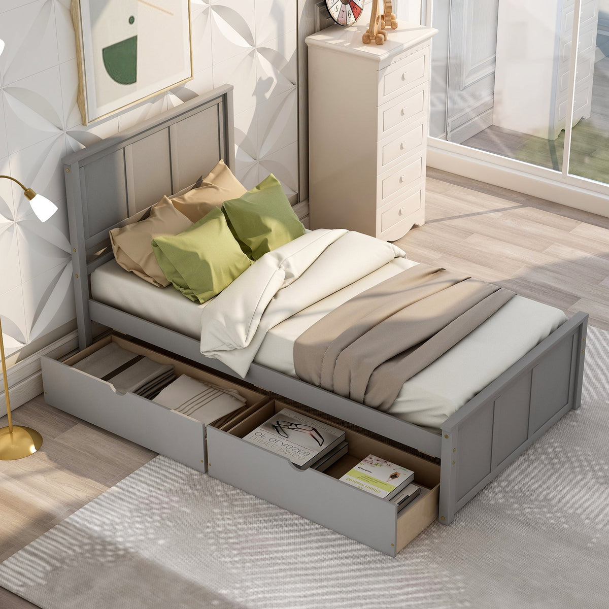 Twin Platform Bed Frame with Rolling Storage Drawers