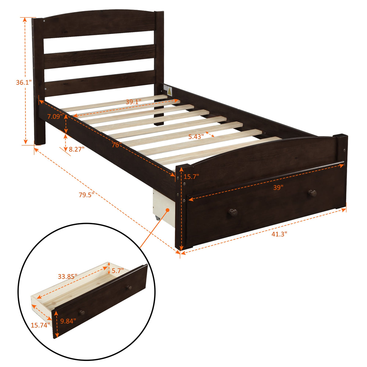 Twin Platform Bed with Storage Drawer and Wood Slats