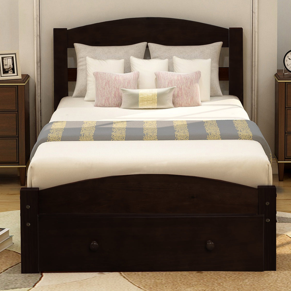 Twin Platform Bed with Storage Drawer and Wood Slats