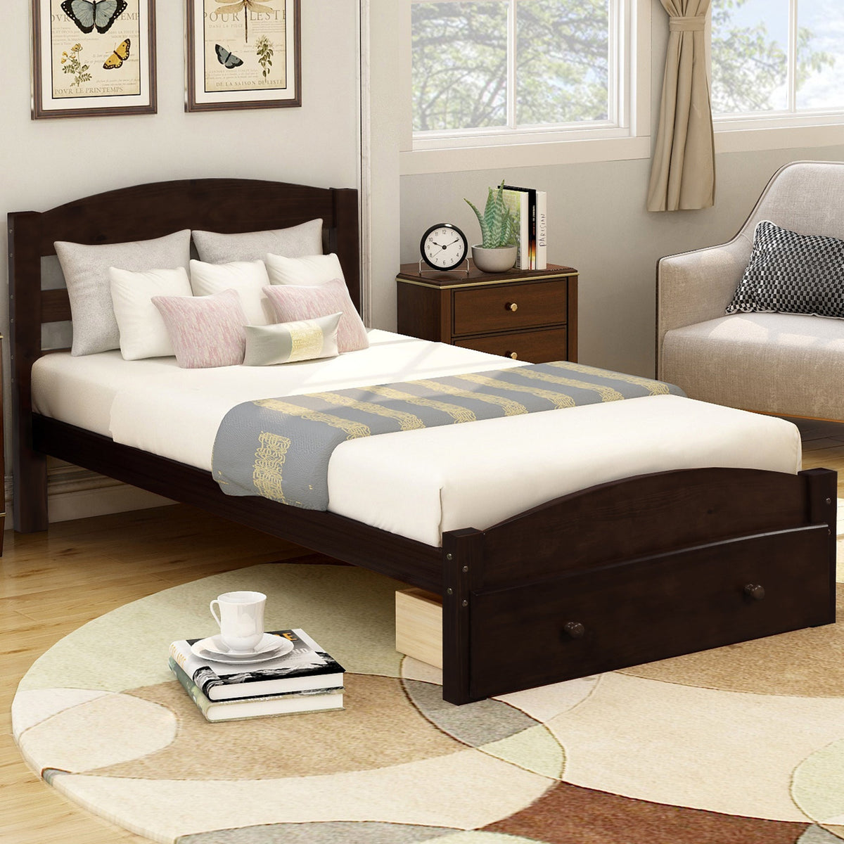 Twin Platform Bed with Storage Drawer and Wood Slats