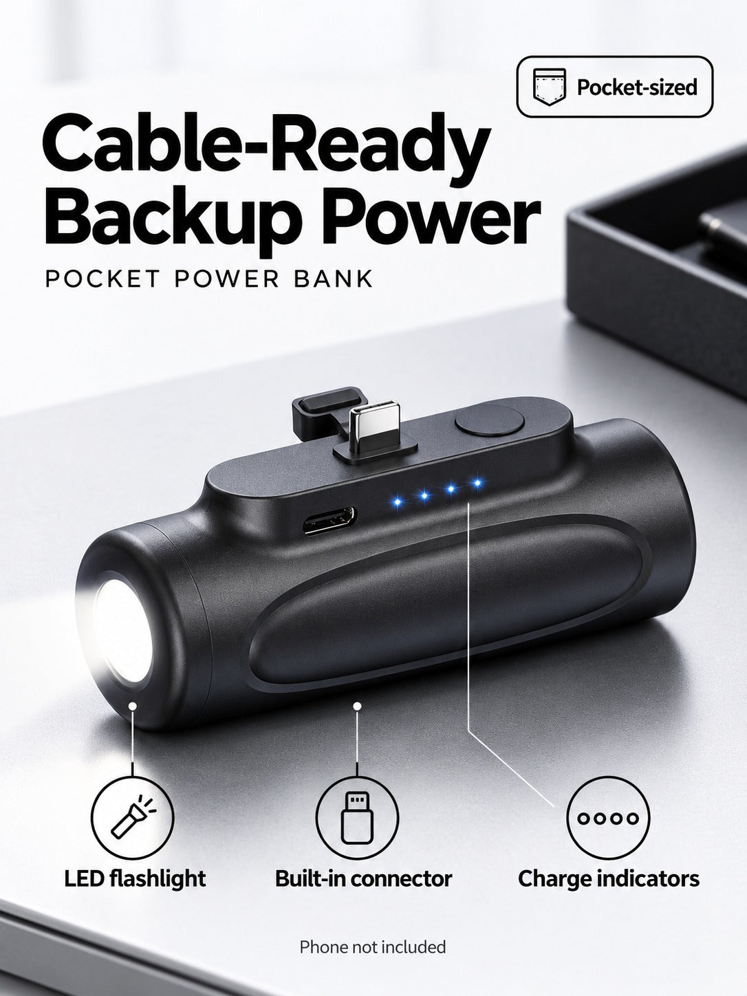 Pocket Power Bank 5000mAh with Built-In Connector & LED Light