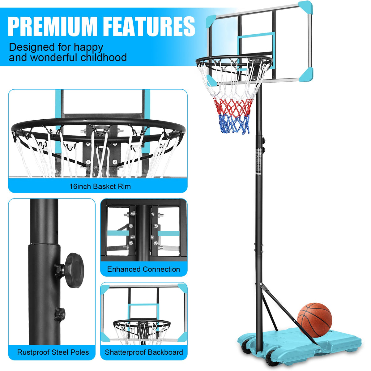 Portable Basketball Hoop with Fillable Base and Wheels