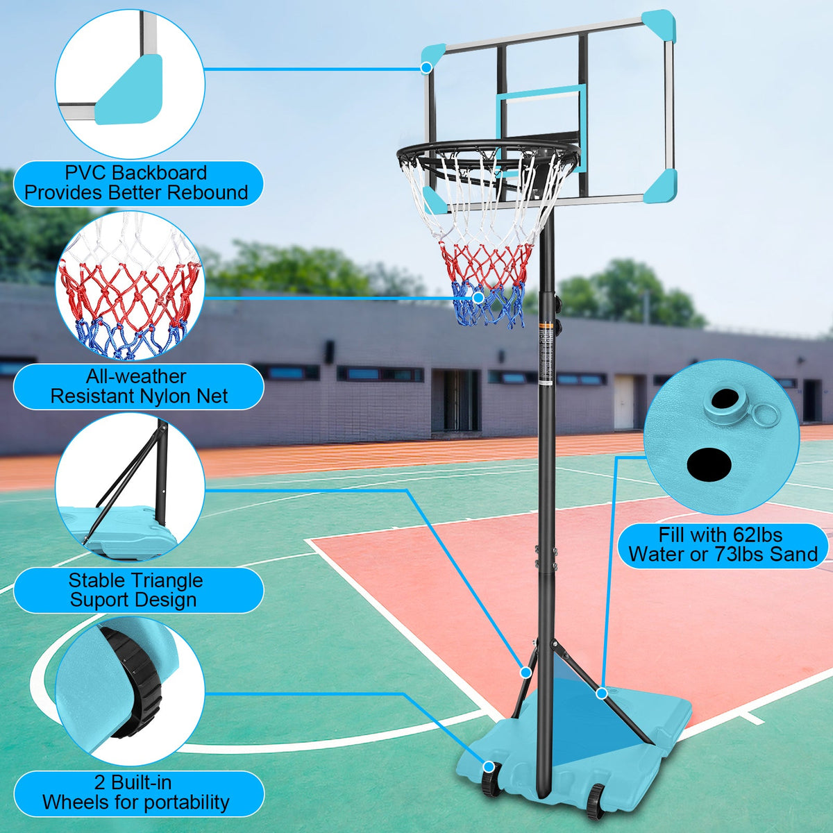 Portable Basketball Hoop with Fillable Base and Wheels