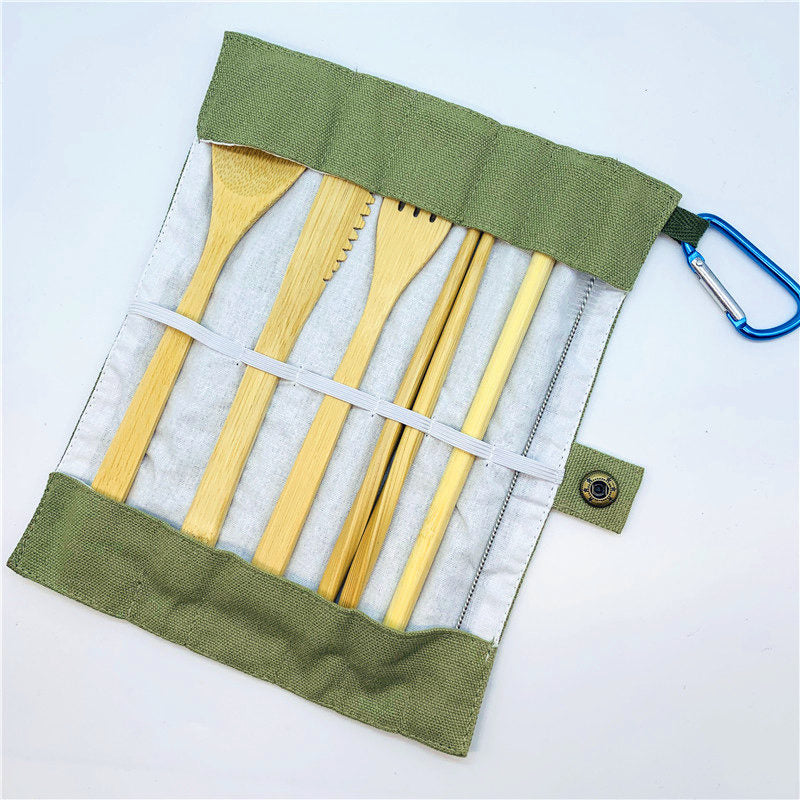 Reusable Bamboo Travel Cutlery Set, 7 Pieces with Pouch