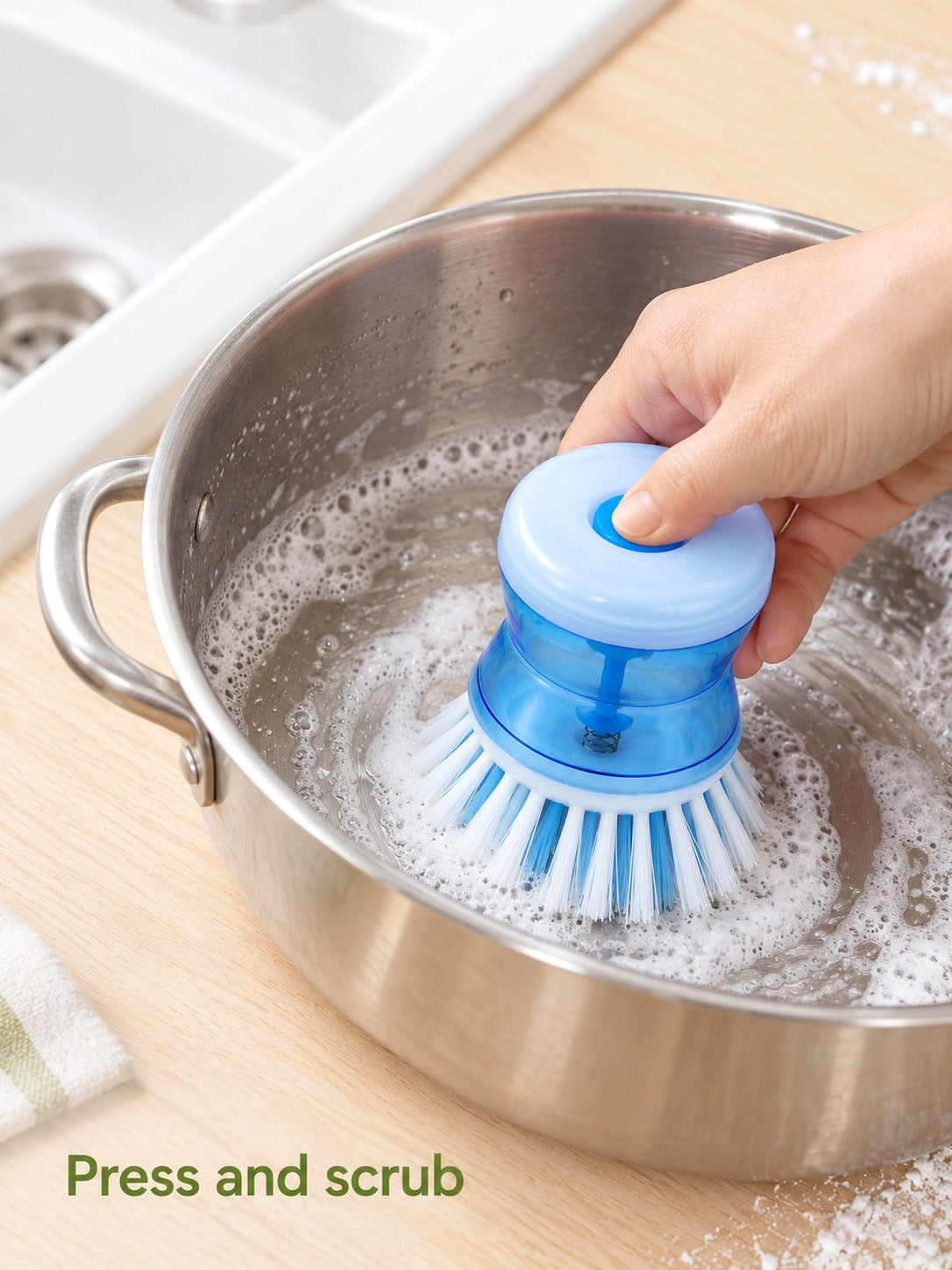Pot Brush With Built-In Soap Dispenser for Pots and Cups