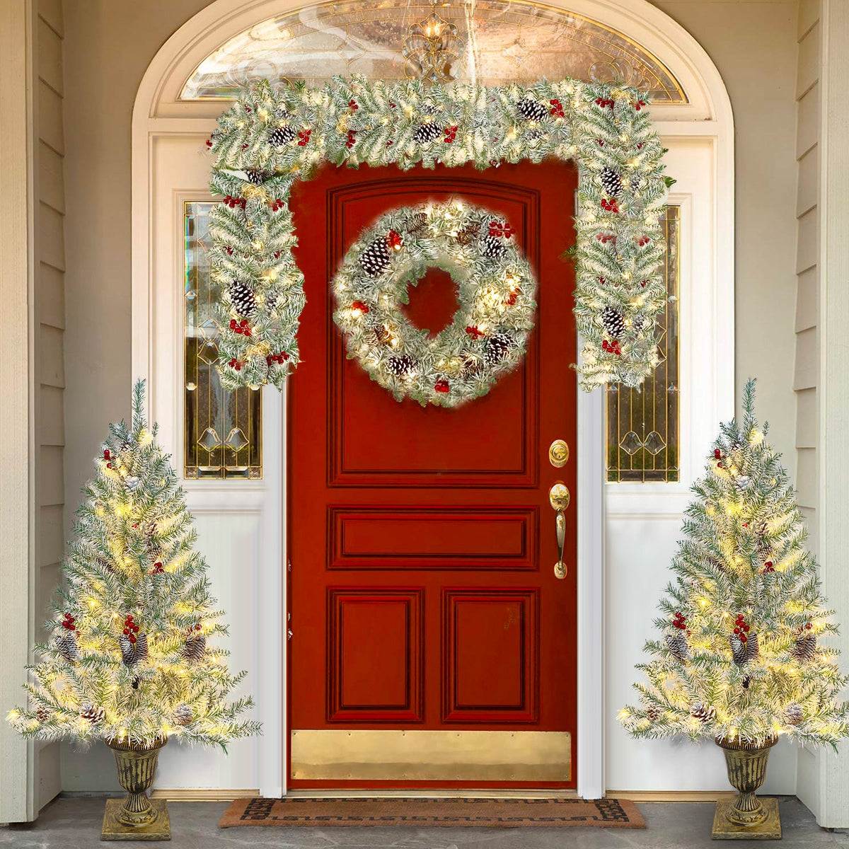 Pre-Lit Christmas Tree Set for Festive Front Doors