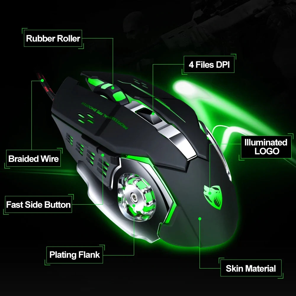 Silent Wired Gaming Mouse with LED Glow and Metal Base