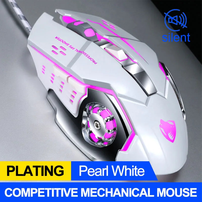 Silent Wired Gaming Mouse with LED Glow and Metal Base