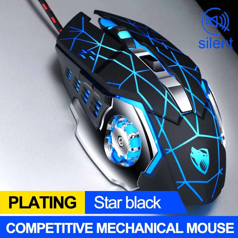 Silent Wired Gaming Mouse with LED Glow and Metal Base