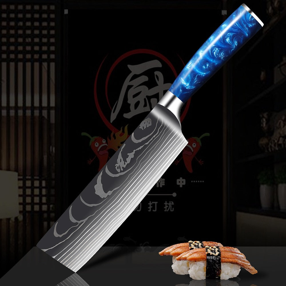 Damascus Pattern Japanese Chef Knife, Sharp Stainless