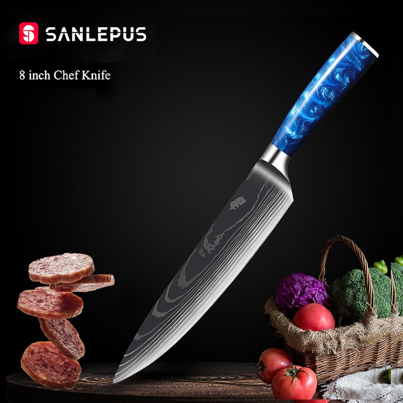 Damascus Pattern Japanese Chef Knife, Sharp Stainless