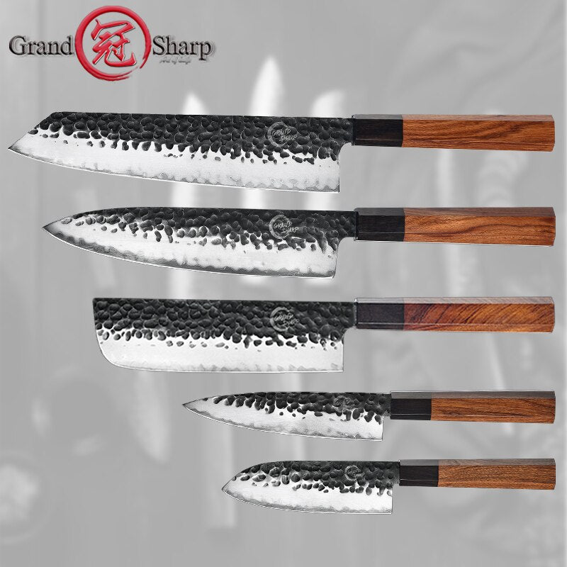 Japanese Chef Knife Set 5-Piece AUS-10 Hammered Steel