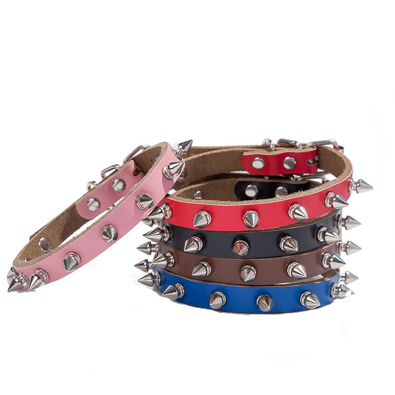 Adjustable Cowhide Leather Dog Collar with Spike Rivets