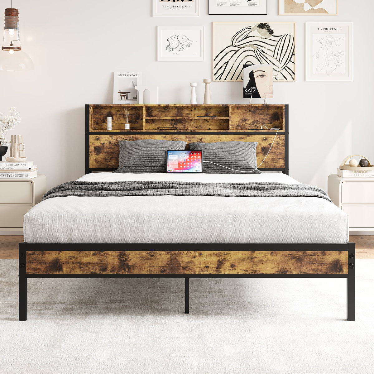 Queen Bed Frame with Storage Headboard and USB Ports