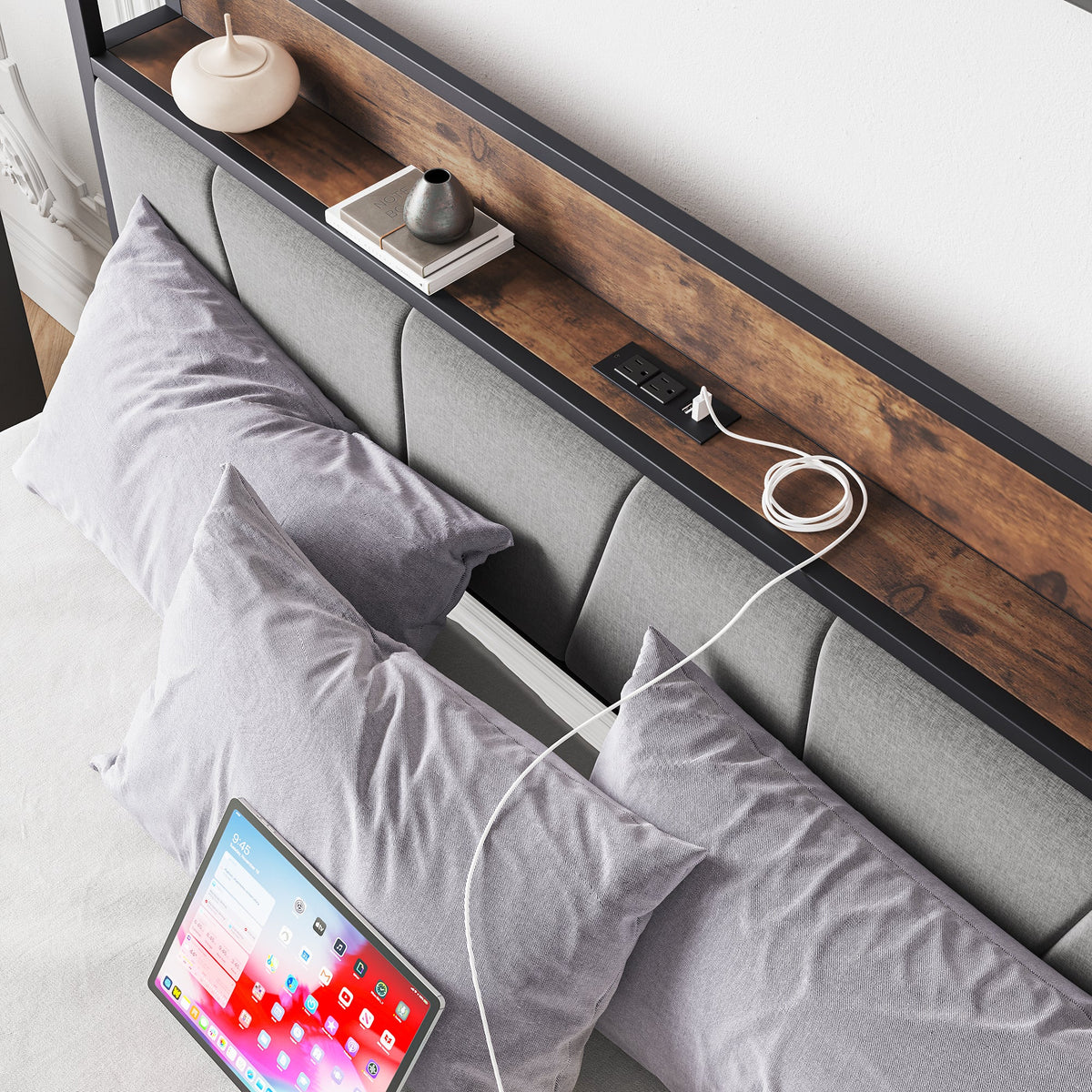 Queen Bed Frame with Charging Station and Headboard