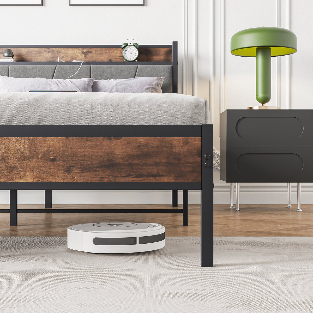 Queen Bed Frame with Charging Station and Headboard