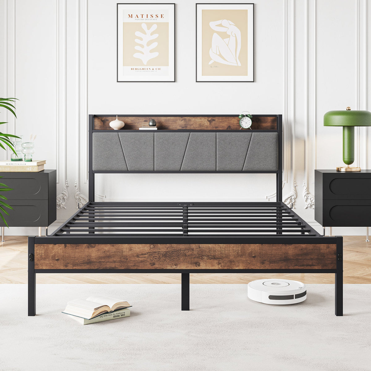 Queen Bed Frame with Charging Station and Headboard