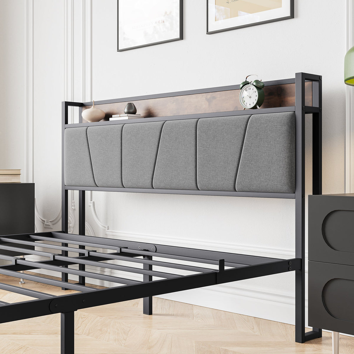 Queen Bed Frame with Charging Station and Headboard
