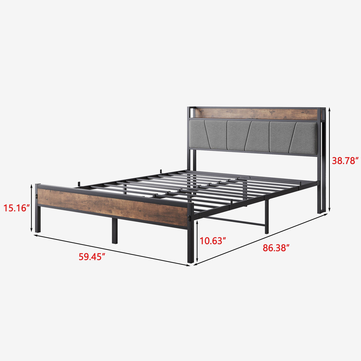 Queen Bed Frame with Charging Station and Headboard