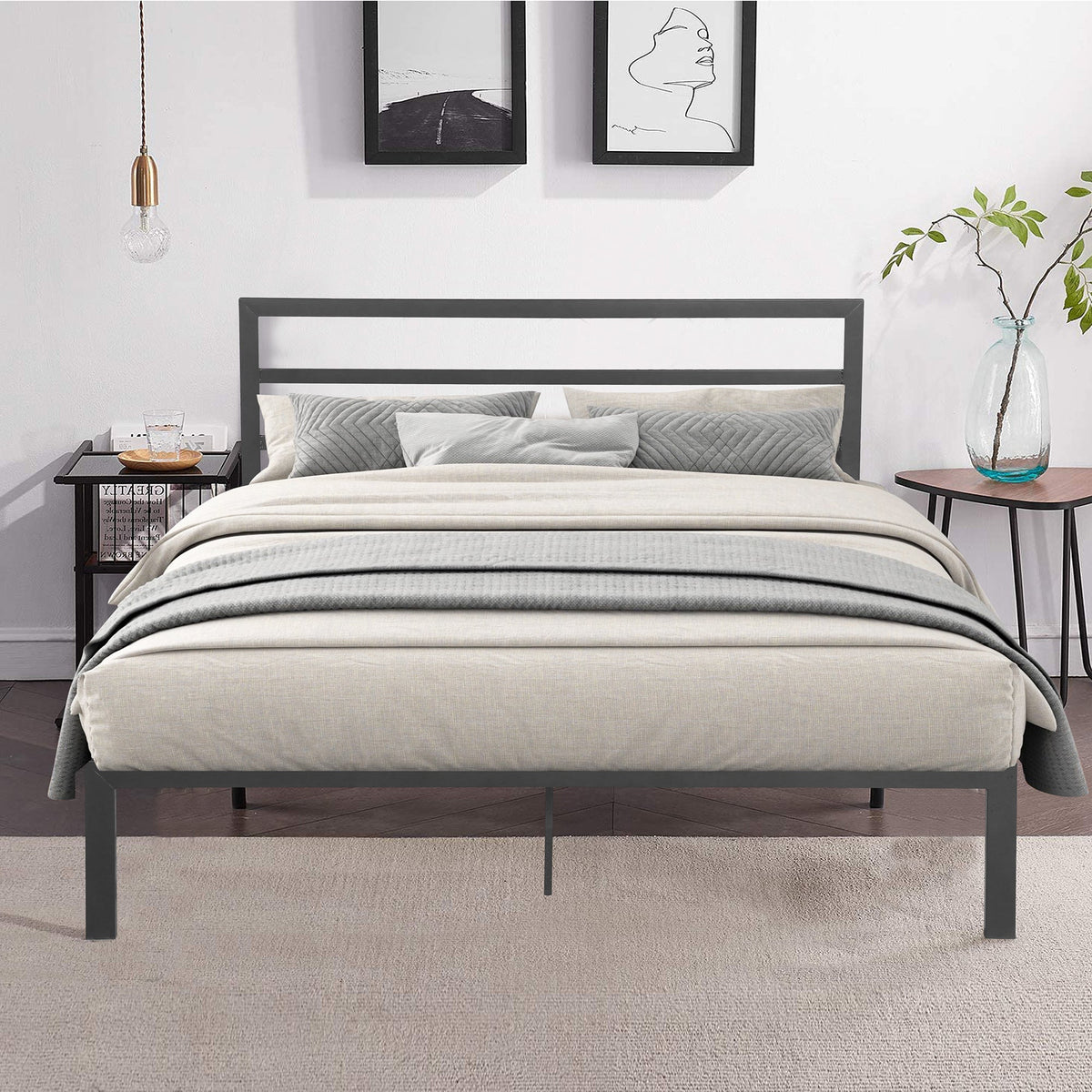Queen Metal Bed Frame with Headboard, Charcoal Grey