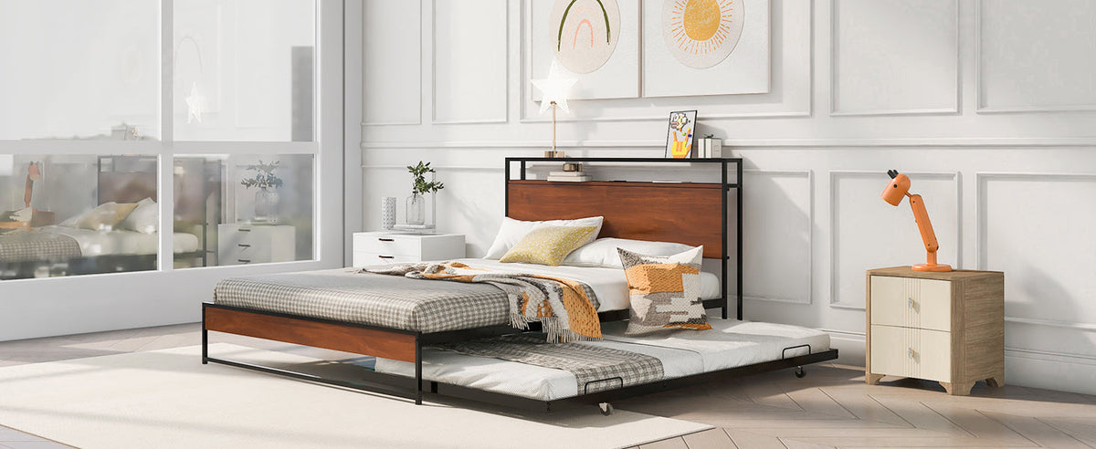 Queen Platform Bed Frame with USB Ports and Trundle
