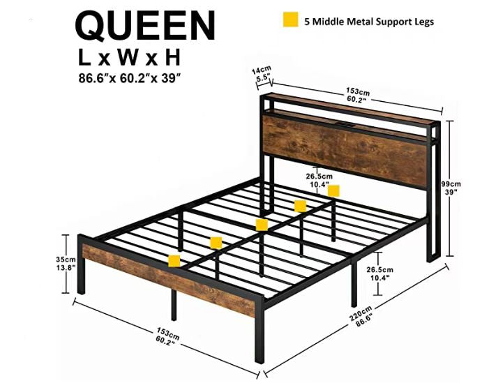 Queen Metal Platform Bed Frame with Headboard Shelf and USB