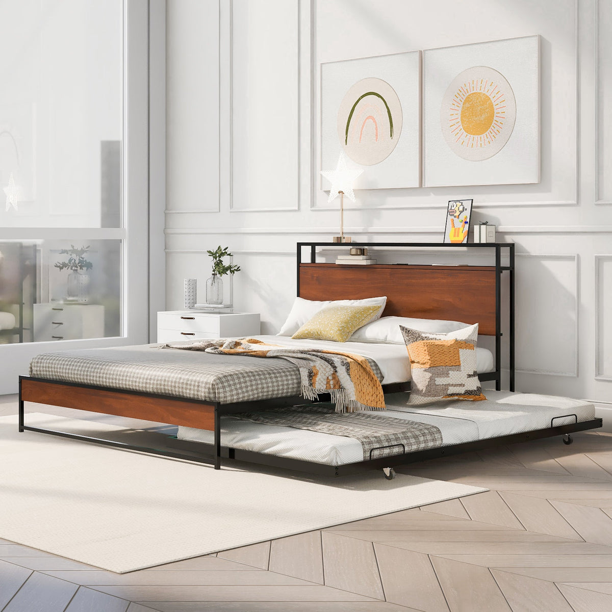 Queen Platform Bed Frame with USB Ports and Trundle