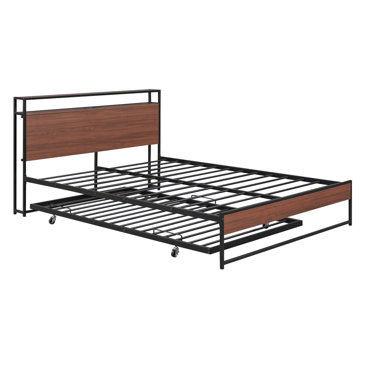 Queen Platform Bed Frame with USB Ports and Trundle