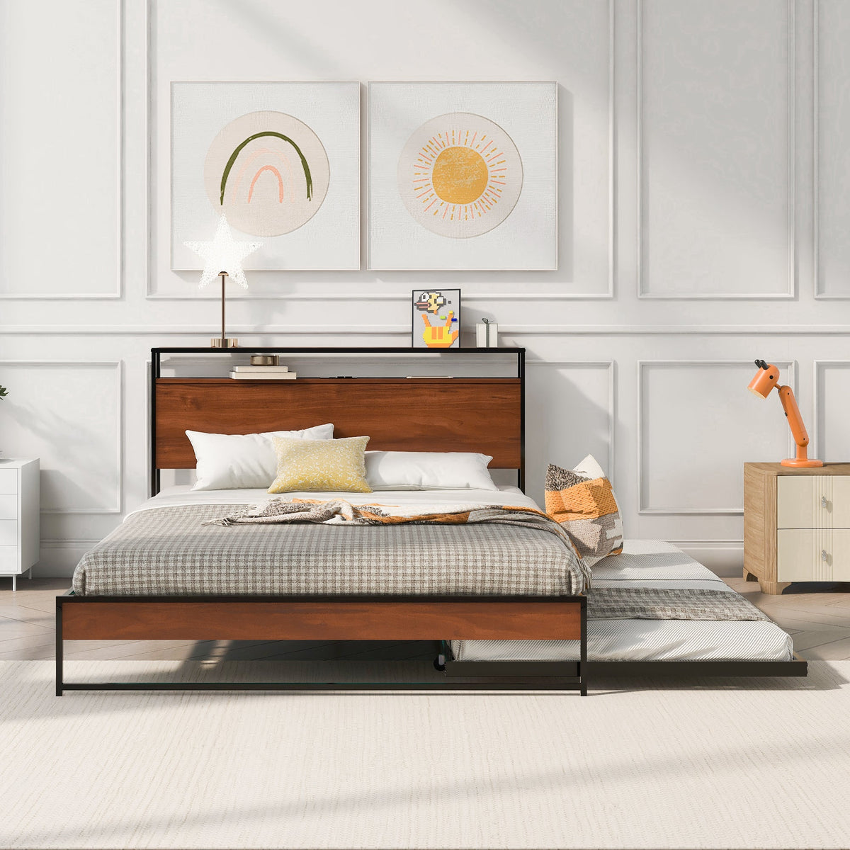 Queen Platform Bed Frame with USB Ports and Trundle