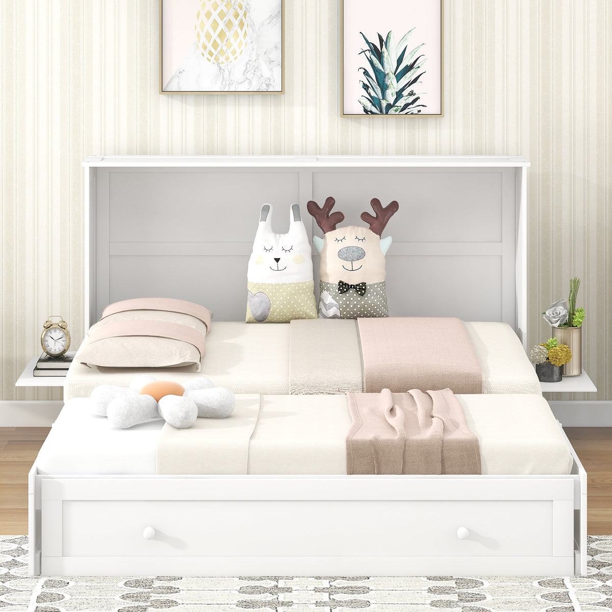 Queen Murphy Bed with Drawer and Side Shelves, White