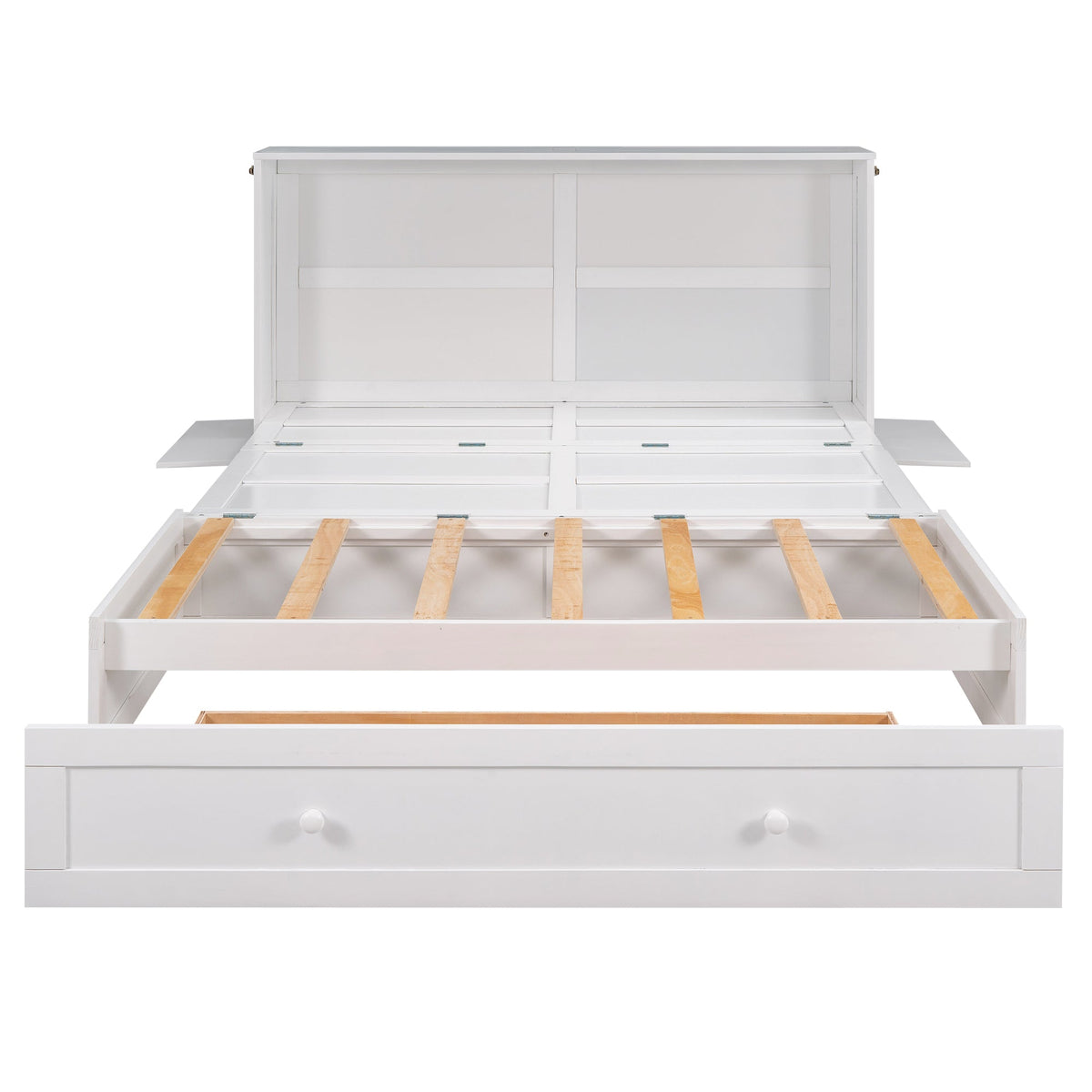 Queen Murphy Bed with Drawer and Side Shelves, White
