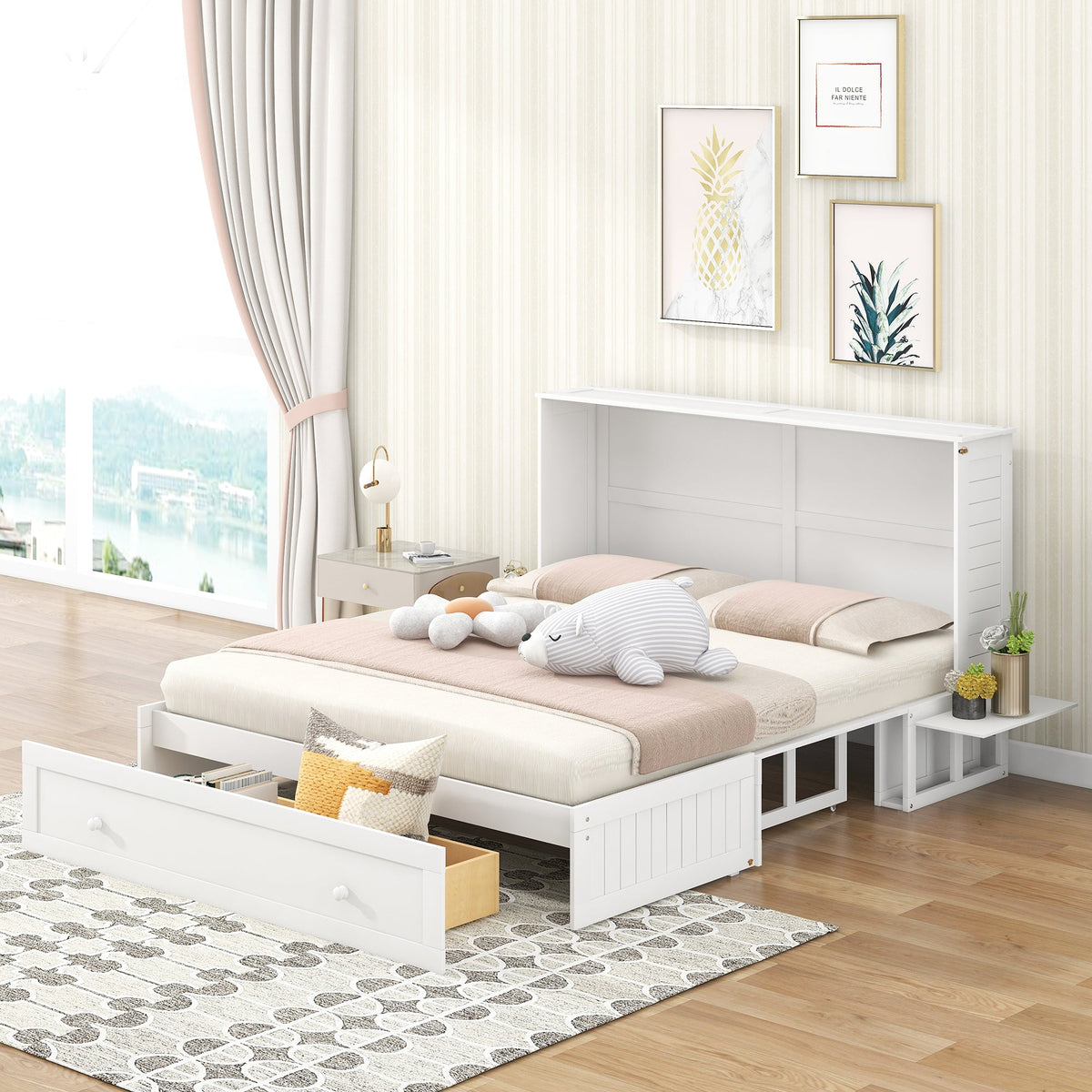 Queen Murphy Bed with Drawer and Side Shelves, White