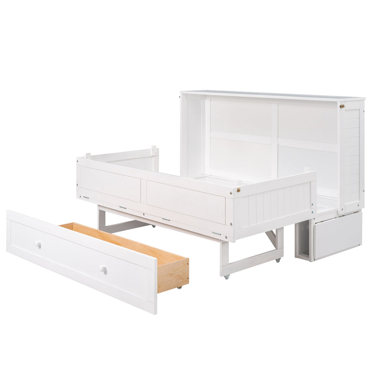 Queen Murphy Bed with Drawer and Side Shelves, White