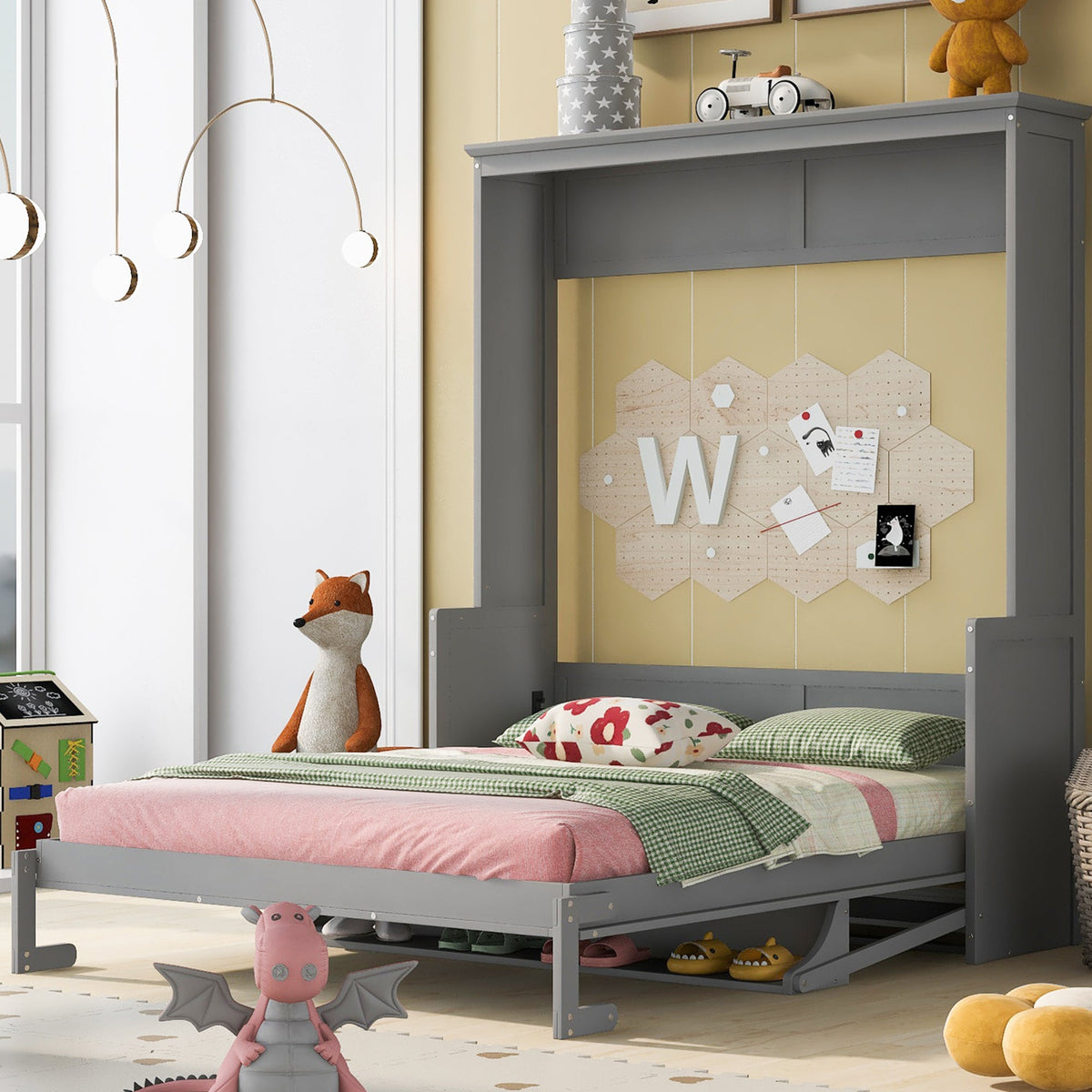 Queen Murphy Bed with Shelf That Folds Into a Gray Cabinet