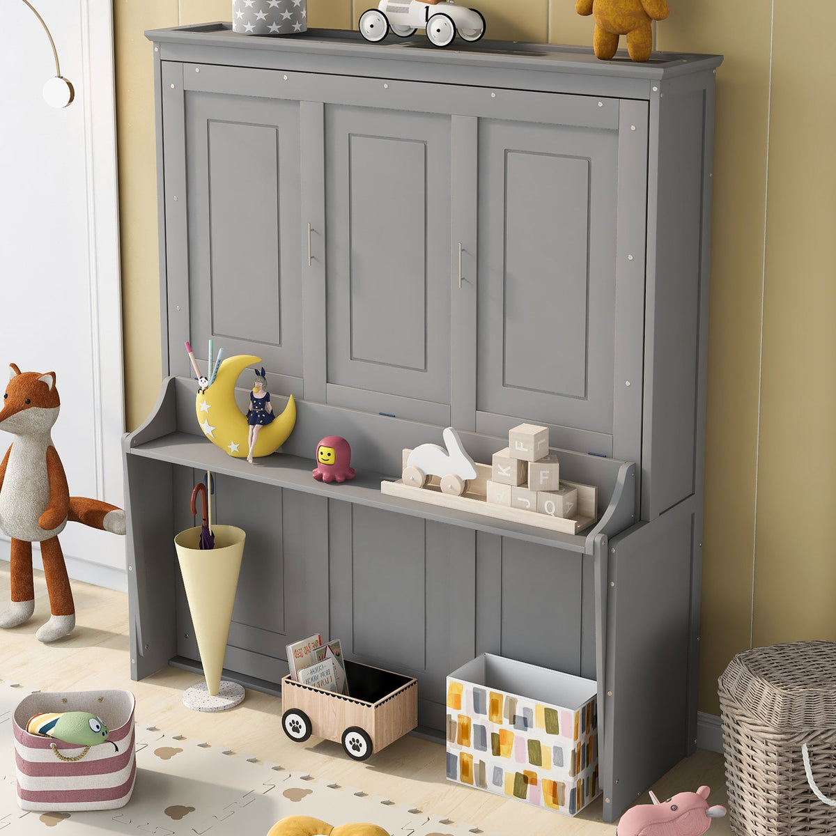 Queen Murphy Bed with Shelf That Folds Into a Gray Cabinet