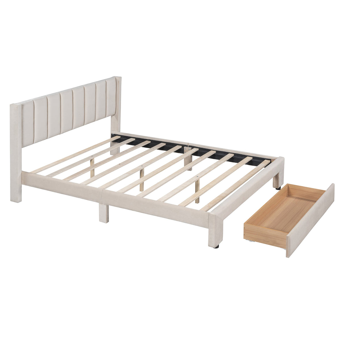 Queen Upholstered Platform Bed with Storage Drawer