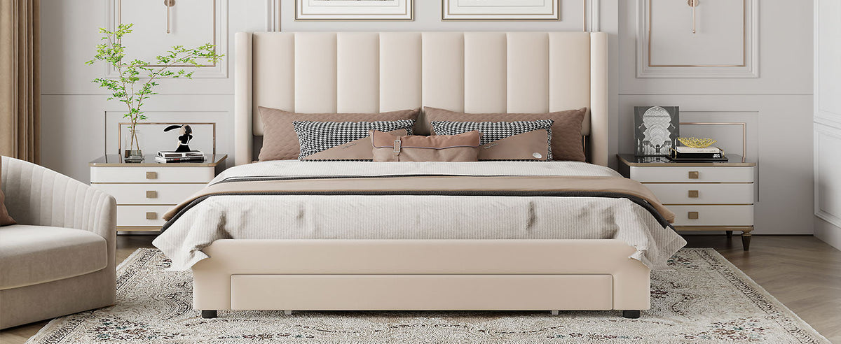 Queen Upholstered Platform Bed with Storage Drawer