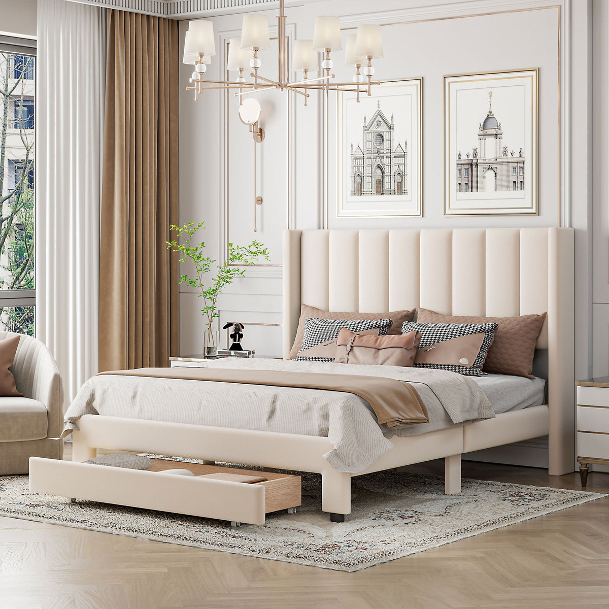 Queen Upholstered Platform Bed with Storage Drawer